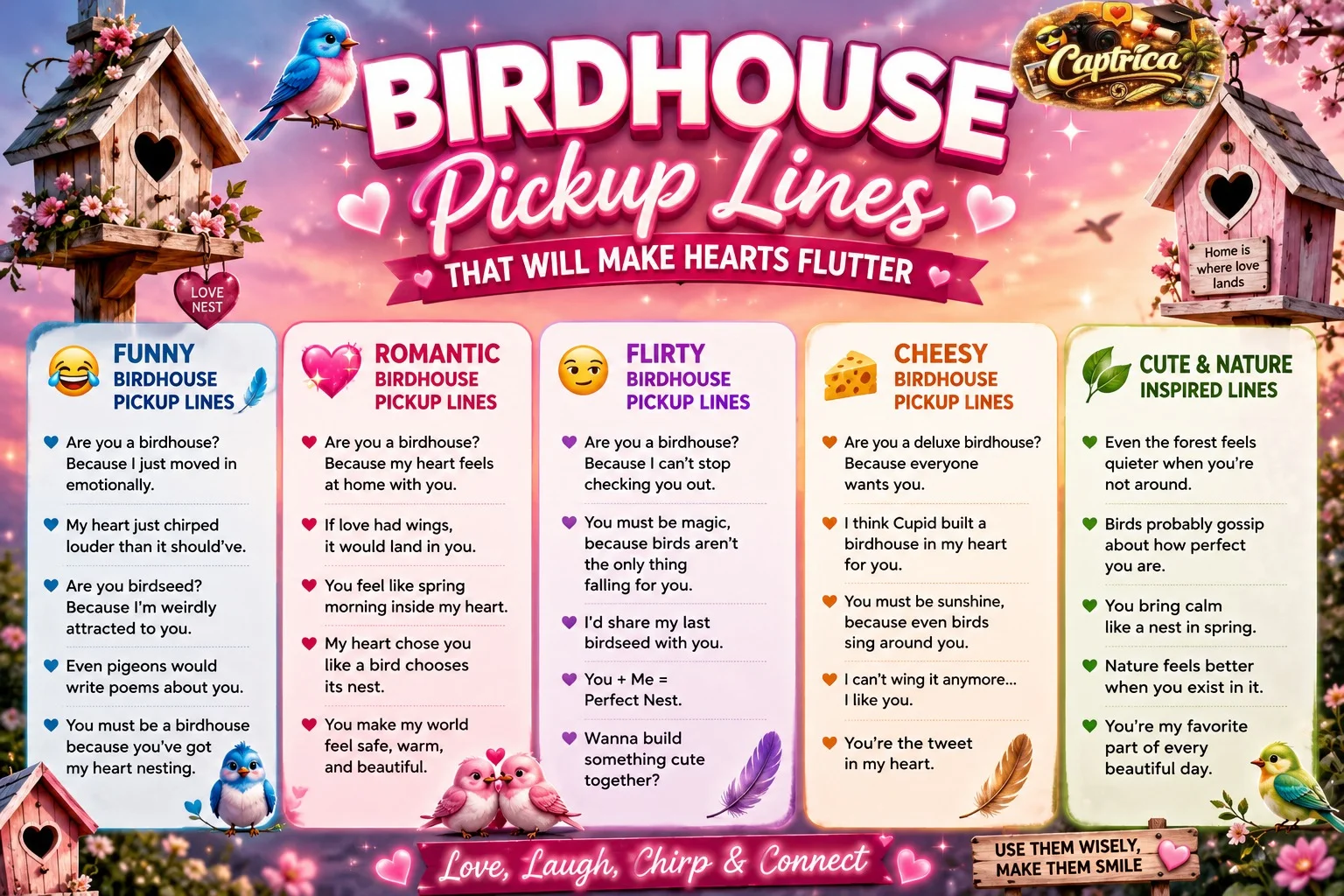 Birdhouse pickup lines infographic featuring funny, romantic, flirty, and cute Gen Z flirting quotes with aesthetic pastel design and bird-themed visuals.