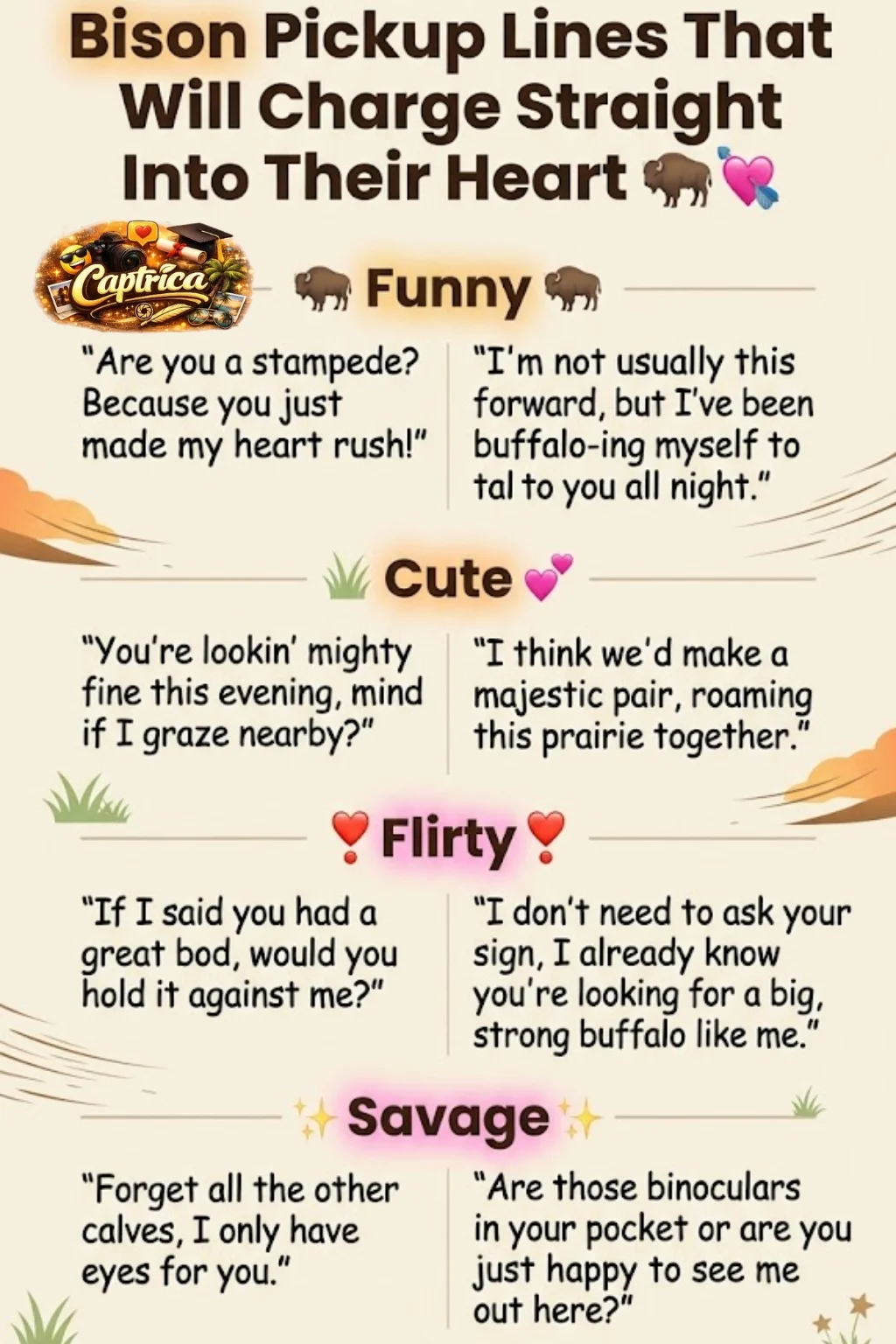 Bison pickup lines infographic featuring funny, cute, and flirty rizz lines for Tinder and Instagram captions in a viral Gen Z social media design.