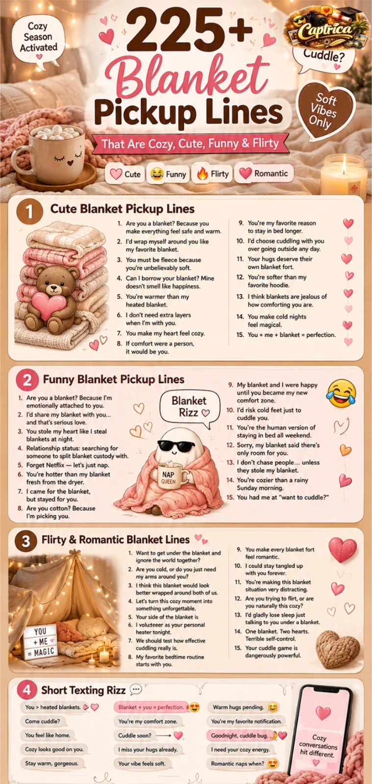 Pinterest-style infographic featuring cozy blanket pickup lines with warm winter aesthetics, cute cuddles, flirty texting vibes, hot chocolate, blanket forts, and romantic cozy illustrations.