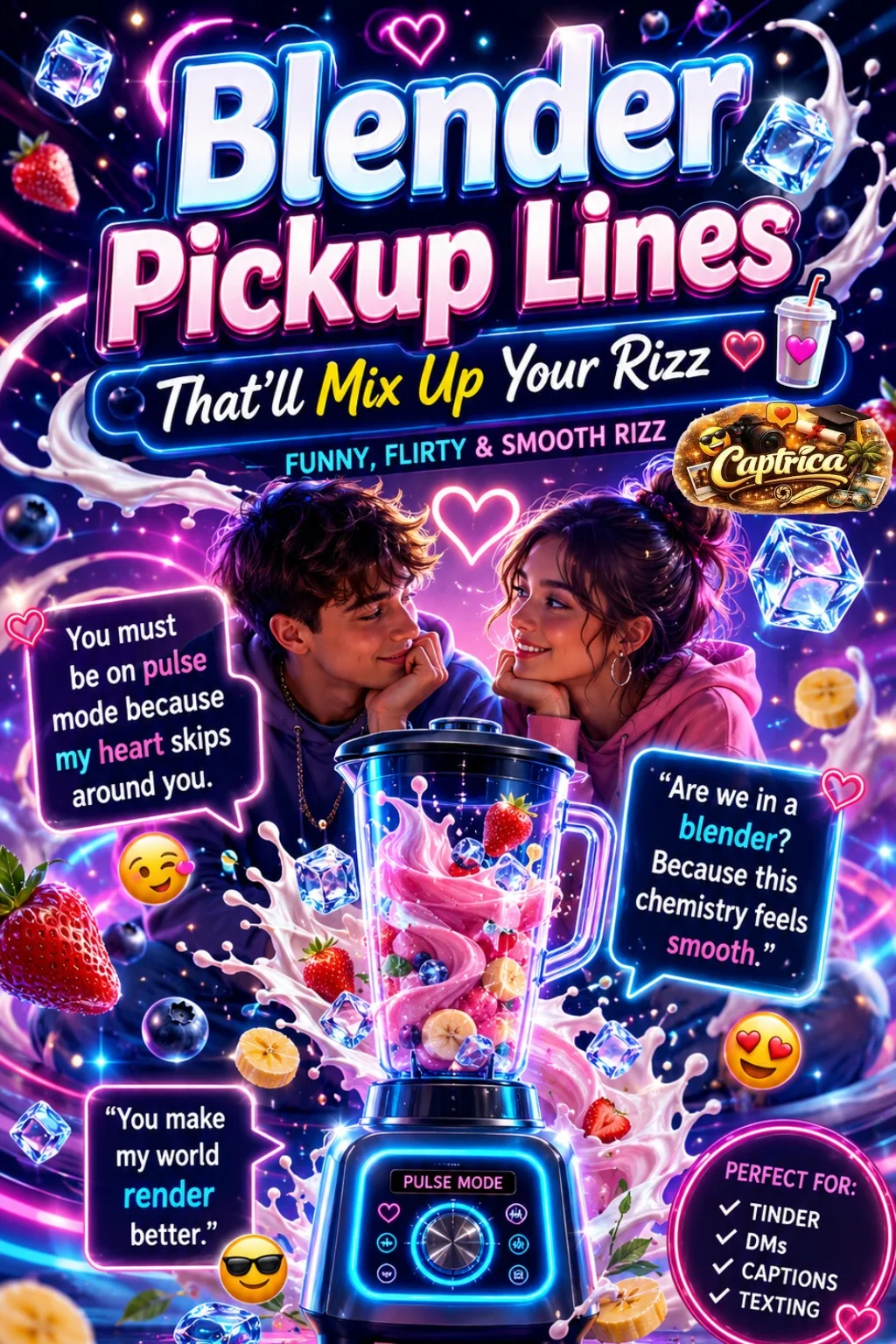 Funny Blender Pickup Lines infographic featuring neon smoothie aesthetics, flirty Gen Z rizz quotes, Blender 3D jokes, and viral dating humor.