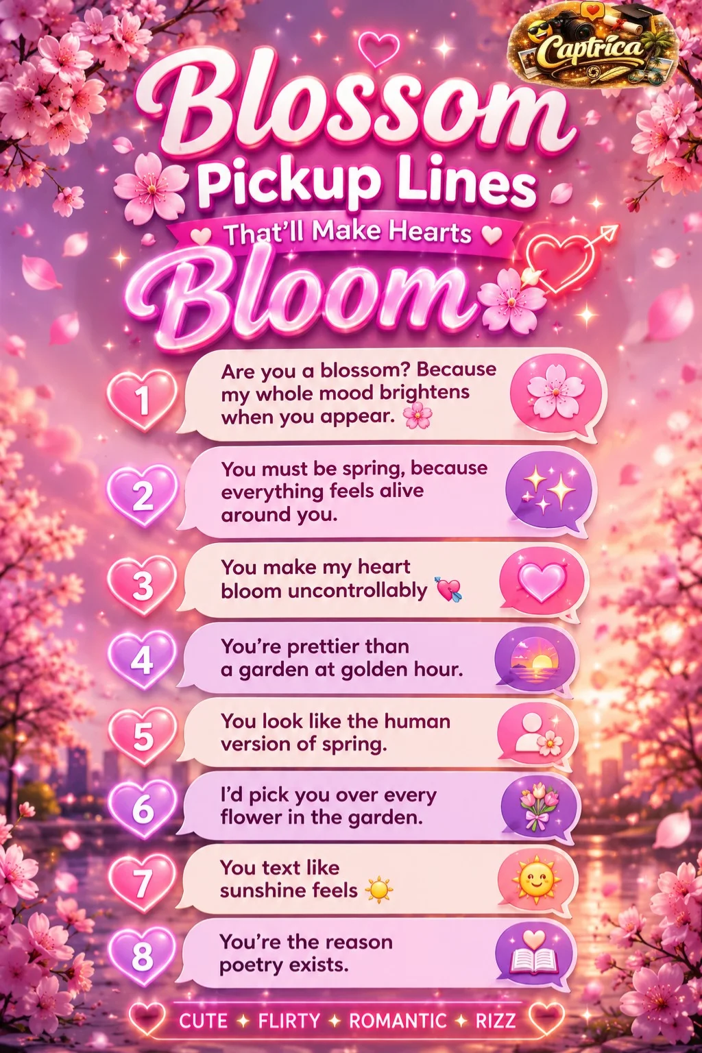Blossom pickup lines infographic with cute romantic flower-themed rizz lines, cherry blossom aesthetics, and flirty spring-inspired quotes for Tinder, texting, and Instagram.