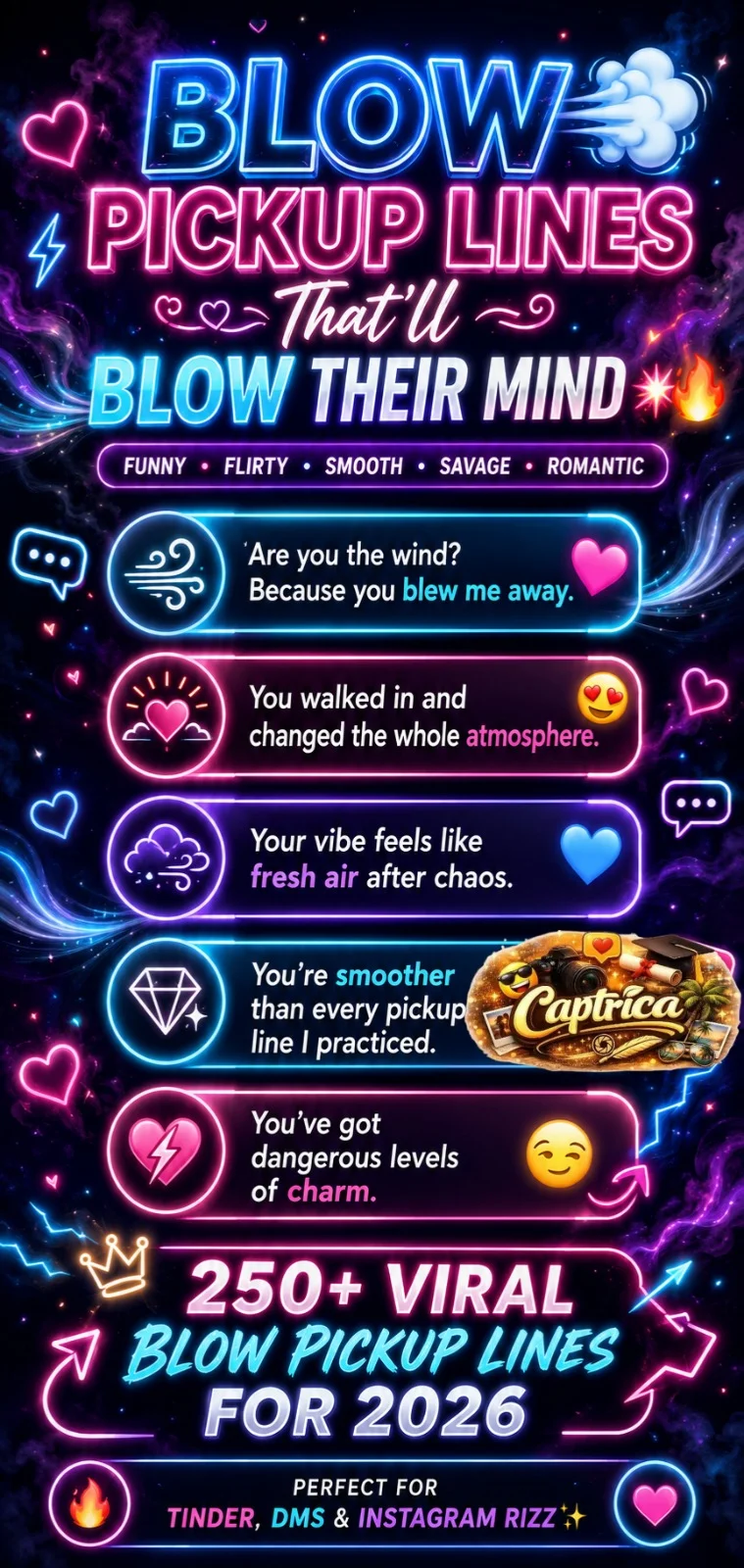 “Neon-style infographic featuring funny and flirty blow pickup lines with romantic wind effects, viral Gen Z dating aesthetics, and glowing rizz quotes for social media.”