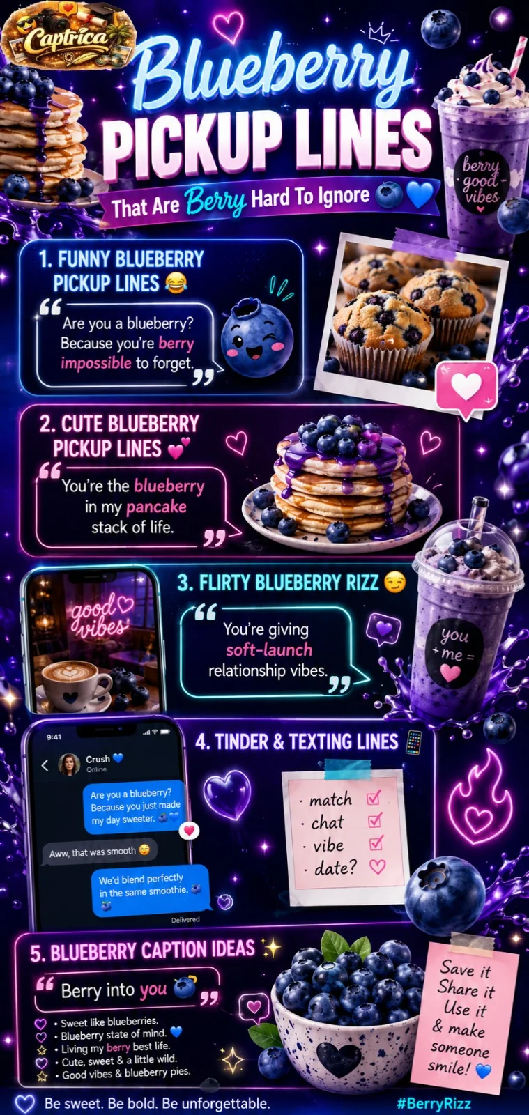 Blueberry pickup lines infographic with cute funny berry rizz quotes, blueberry pancakes, smoothies, romantic texting vibes, and Gen Z social media aesthetic.
