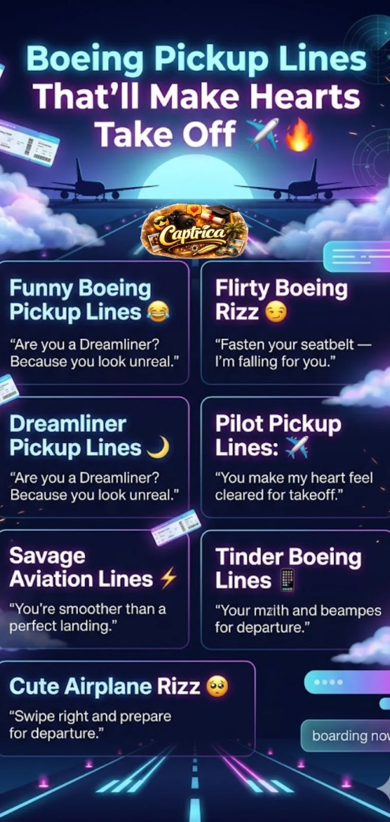Boeing pickup lines infographic featuring funny, flirty, and romantic aviation rizz lines with neon airplane aesthetics and viral TikTok-style design.