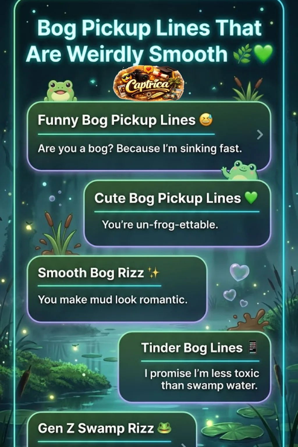 Funny and flirty bog pickup lines infographic with swamp-themed rizz jokes, cute marsh flirting lines, Gen Z humor, and viral Tinder openers in a neon swamp-core design.