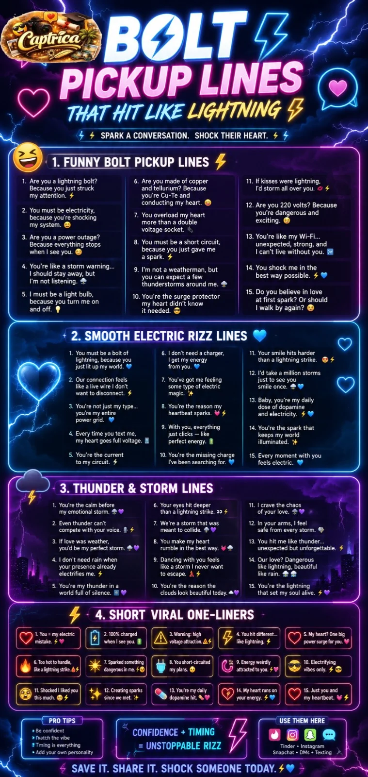 Bolt pickup lines infographic featuring funny, smooth, and electric rizz lines with neon lightning aesthetic, modern Gen Z dating meme style, and viral social media design.