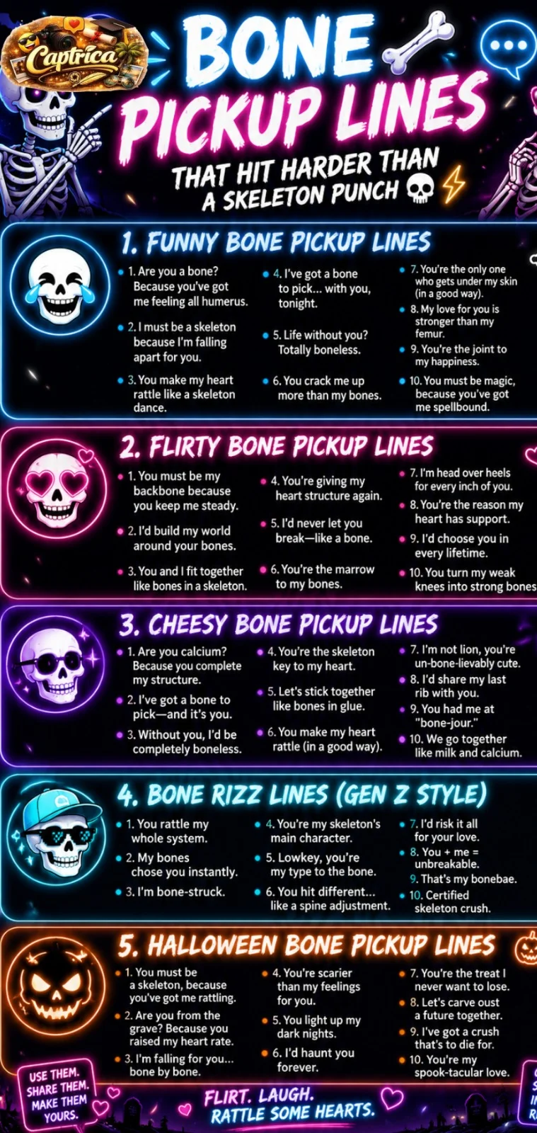 Bone pickup lines infographic featuring funny, flirty, and cheesy skeleton-themed rizz lines in a neon Halloween-inspired Gen Z meme design.