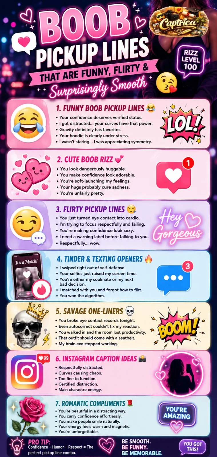 Funny and flirty boob pickup lines infographic featuring viral rizz jokes, Tinder openers, cute compliments, savage one-liners, and Instagram caption ideas.