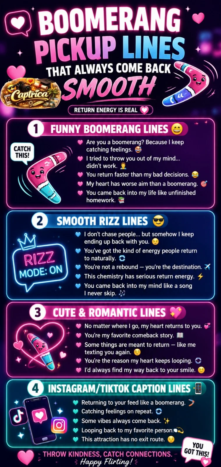 Boomerang pickup lines infographic with funny, cute, and smooth rizz lines for flirting, Tinder chats, and Instagram captions in modern Gen Z style.