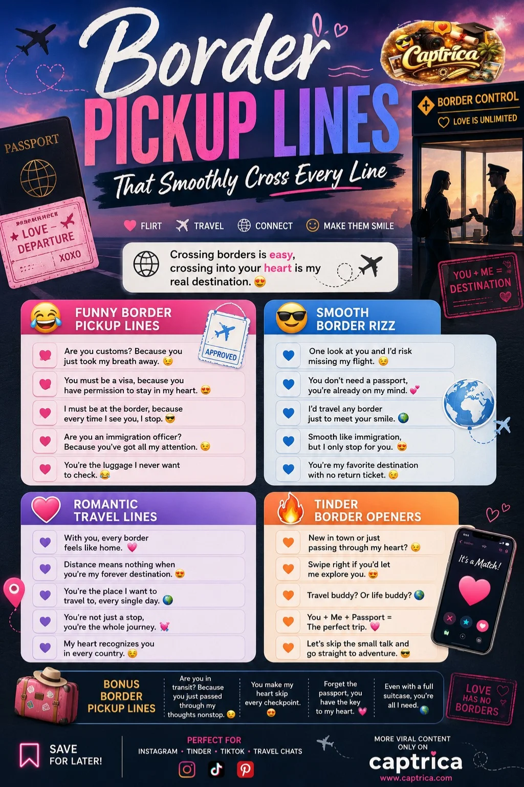 Funny and romantic border pickup lines infographic featuring passport jokes, travel flirting quotes, customs rizz lines, and Tinder-inspired international romance humor.