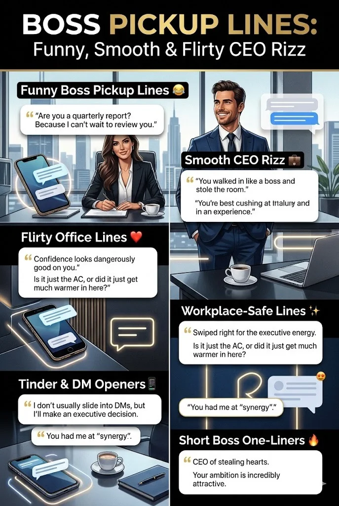 Boss Pickup Lines infographic featuring funny, smooth, and flirty CEO rizz quotes with luxury office-themed social media design.