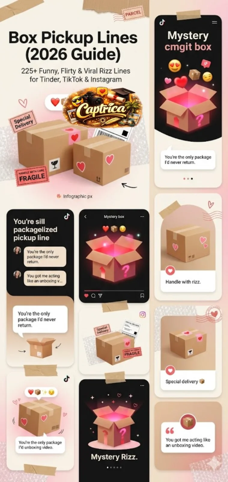 Funny and flirty box pickup lines infographic with viral Tinder, TikTok, Instagram, delivery, and package-themed rizz lines for 2026.