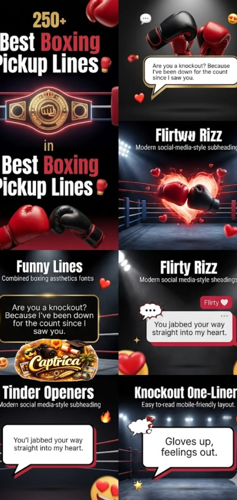 Funny and flirty boxing pickup lines infographic featuring boxing gloves, knockout rizz quotes, Tinder openers, and romantic fight-night jokes.