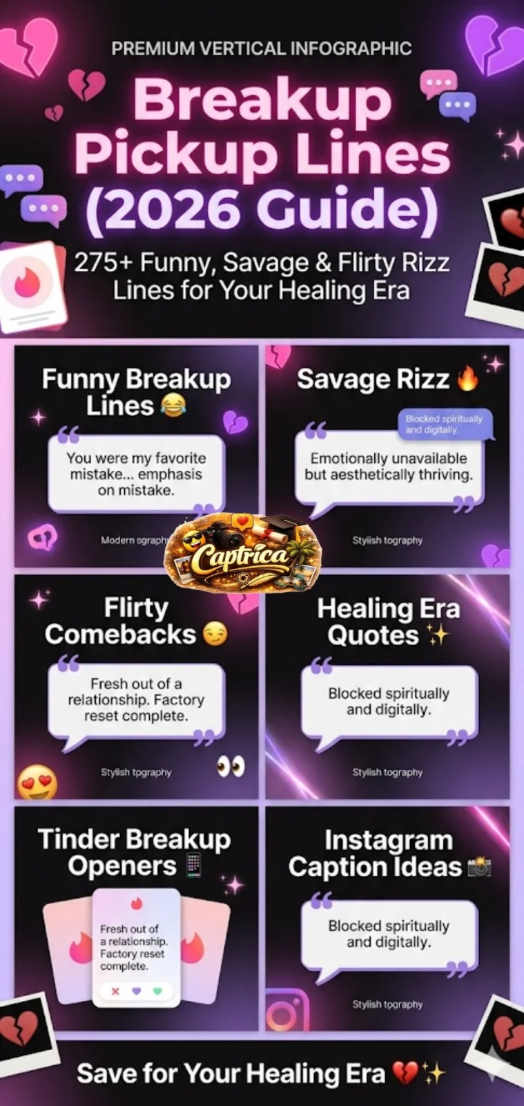 Breakup Pickup Lines infographic featuring funny, savage, flirty, and healing breakup rizz lines for Tinder, Instagram captions, and post-breakup humor in 2026.
