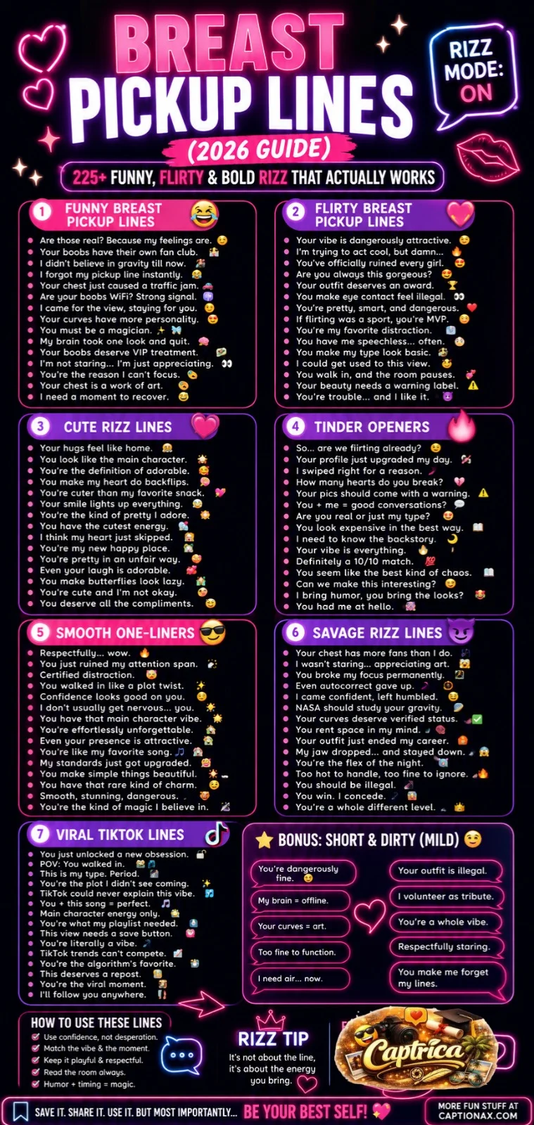 Breast Pickup Lines infographic featuring funny, flirty, cute, and viral pick-up lines for Tinder, texting, and social media in 2026.