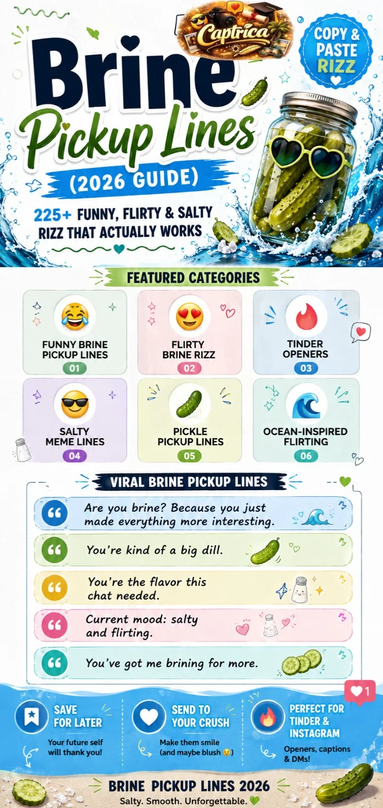 Brine Pickup Lines 2026 infographic featuring funny, flirty, salty, pickle-themed, and ocean-inspired rizz lines for Tinder, texting, and Instagram captions.