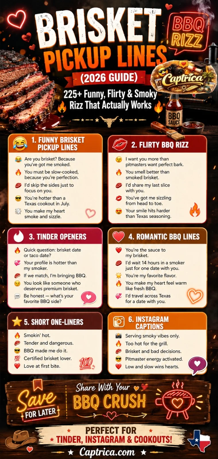 Brisket Pickup Lines infographic featuring funny, flirty, romantic, and smoky BBQ rizz lines for Tinder, Instagram captions, and cookout flirting.