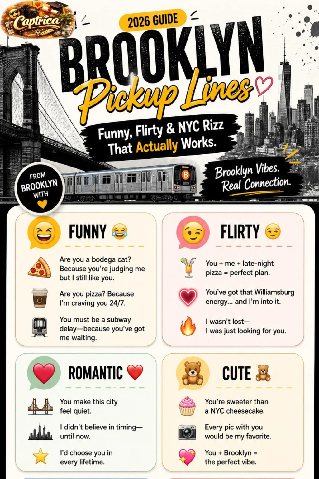 Brooklyn pickup lines infographic featuring funny, flirty, romantic, and NYC-themed rizz lines for Tinder, Instagram, and real-life conversations.