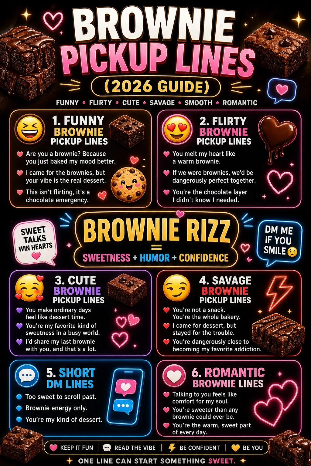 Brownie Pickup Lines 2026 infographic showing funny, flirty, cute, savage, and short rizz lines for Tinder, Instagram, and dating conversations with modern Gen-Z aesthetic design.