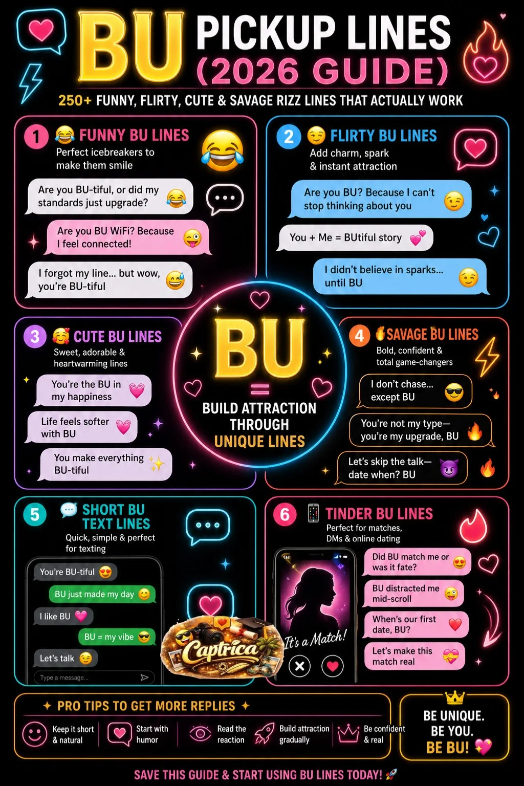 BU Pickup Lines (2026 Guide) infographic showing 250+ funny, flirty, cute, savage, and Tinder-ready BU rizz lines for modern dating and social media conversations.
