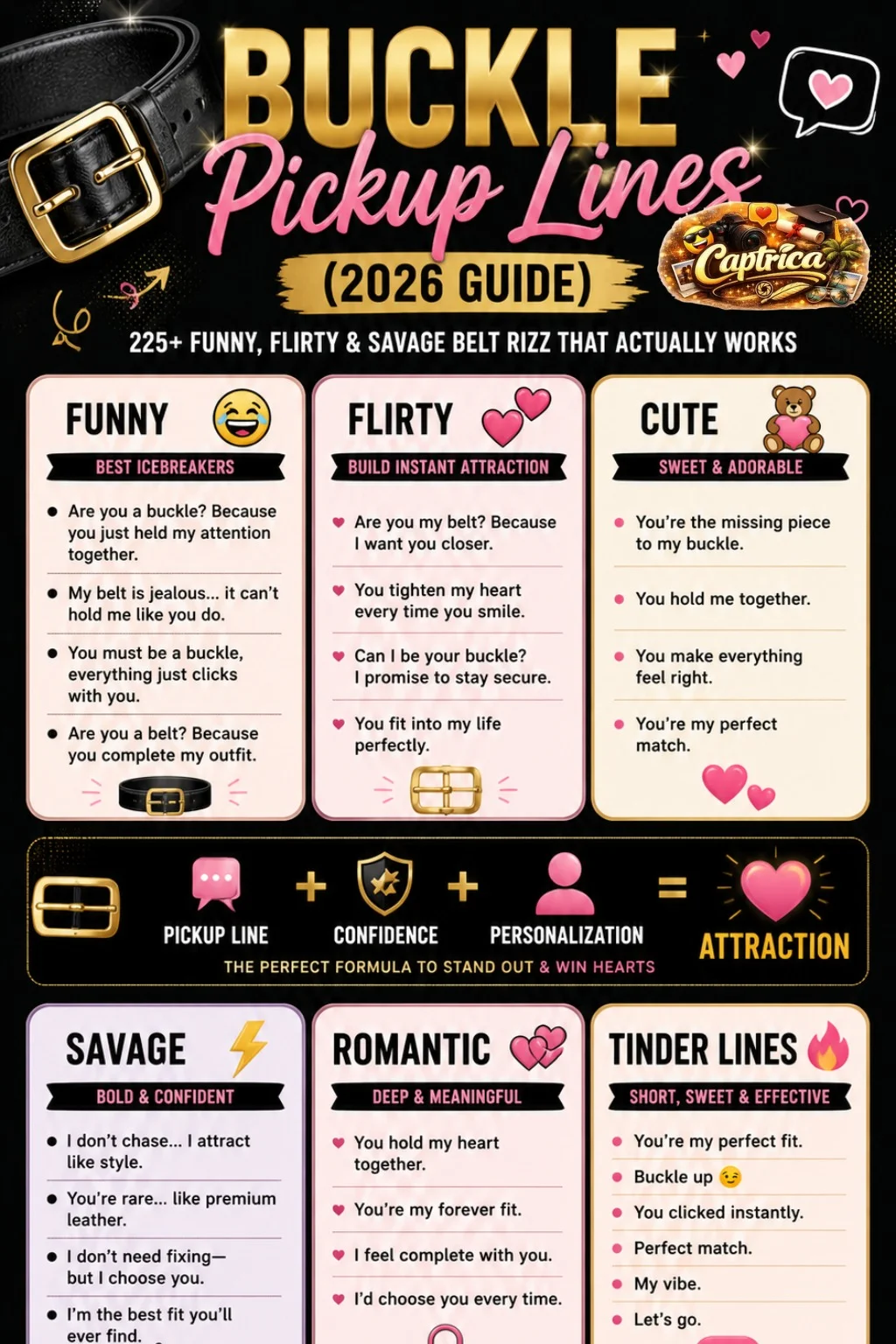 Buckle pickup lines infographic showing funny, flirty, savage, and romantic belt rizz lines with dating tips and attraction formula for 2026.