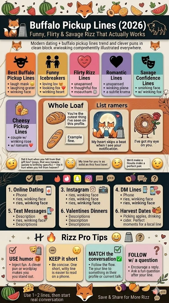 Buffalo Pickup Lines 2026 infographic showing funny, flirty, romantic, and savage pickup lines for Tinder, Instagram, and modern dating conversations.