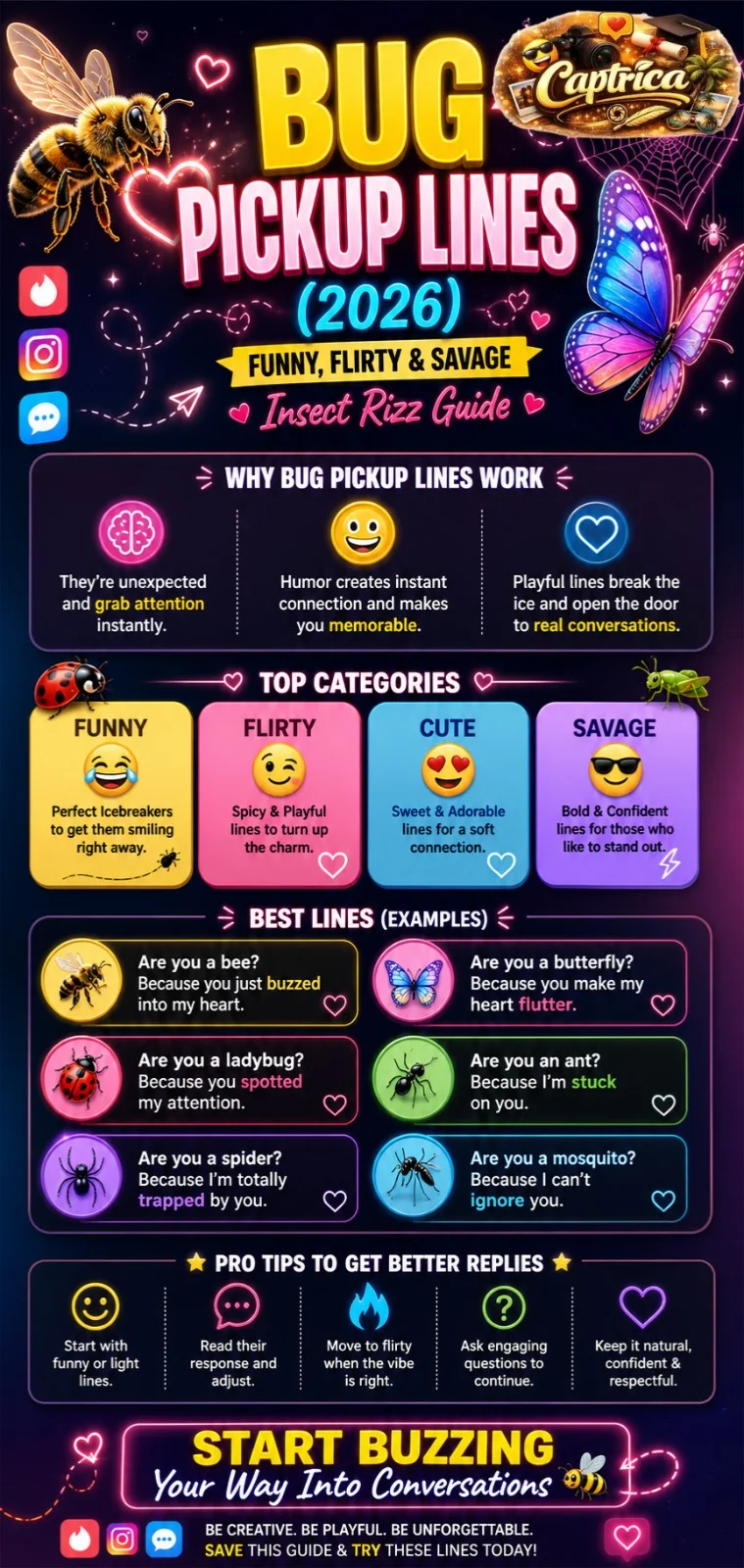 Bug pickup lines 2026 infographic showing funny, flirty, and savage insect rizz ideas for Tinder, Instagram, and modern dating conversations.