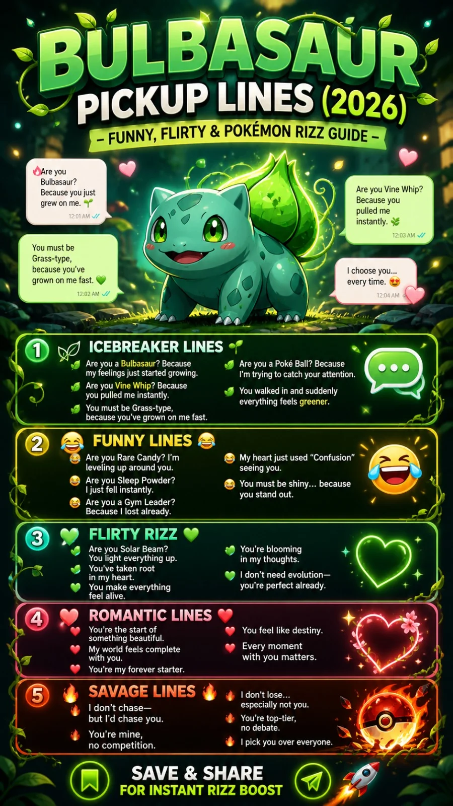 Bulbasaur pickup lines infographic showing funny, flirty, romantic, and savage Pokémon rizz lines for Tinder and Instagram in 2026.