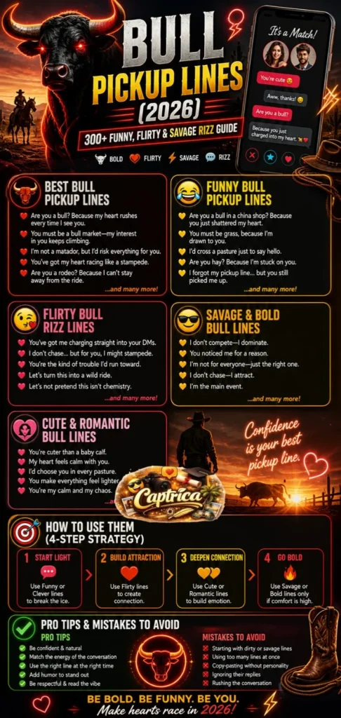 Bull pickup lines infographic featuring funny, flirty, savage, and romantic rizz ideas for 2026 dating apps like Tinder and Instagram.