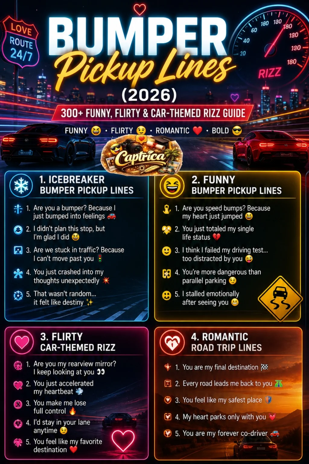 Vertical infographic showing 300+ bumper pickup lines (2026) categorized into funny, flirty, romantic, savage, and Tinder-style car-themed rizz lines with modern neon automotive design and dating humor aesthetic.