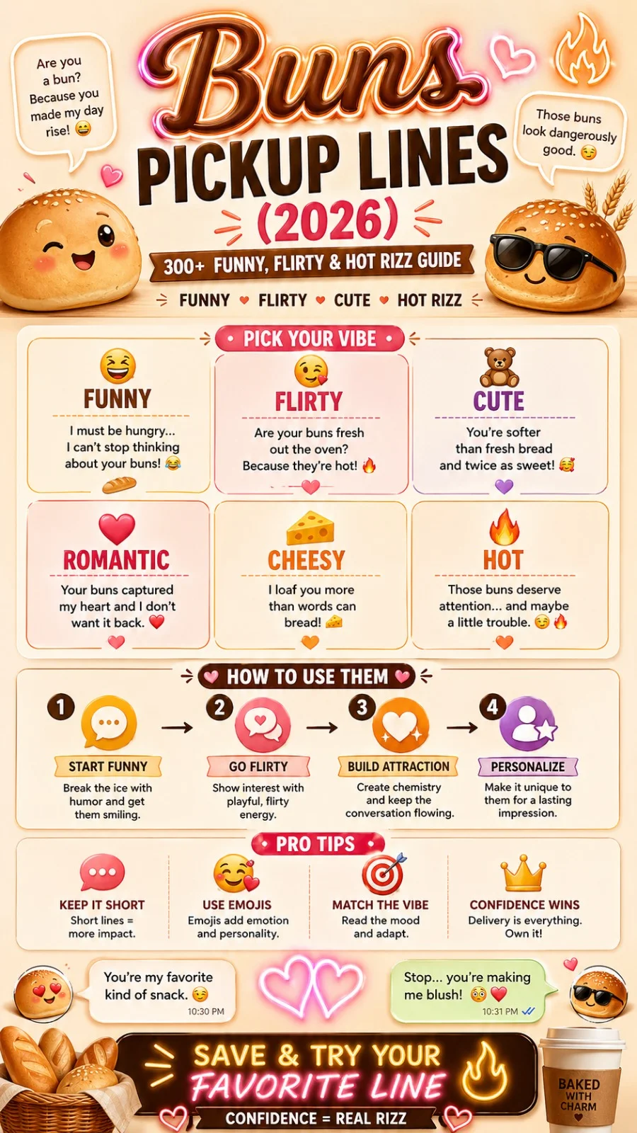 Buns pickup lines 2026 infographic showing funny, flirty, cute, and hot rizz examples with tips for Tinder, Instagram, and real-life flirting.