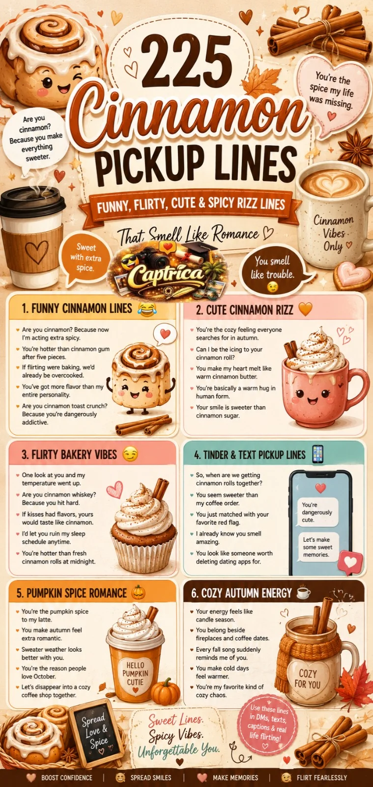 Colorful Pinterest-style infographic featuring cozy cinnamon pickup lines with cinnamon rolls, coffee cups, autumn leaves, bakery desserts, and flirty romantic text in a warm cinnamon-themed aesthetic.