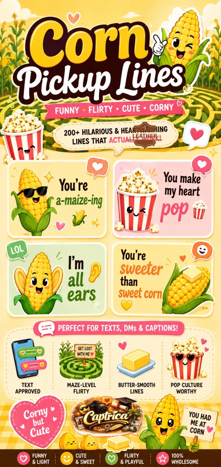 Colorful infographic featuring funny and flirty corn pickup lines with cartoon corn illustrations, popcorn graphics, and playful social media-style text bubbles.