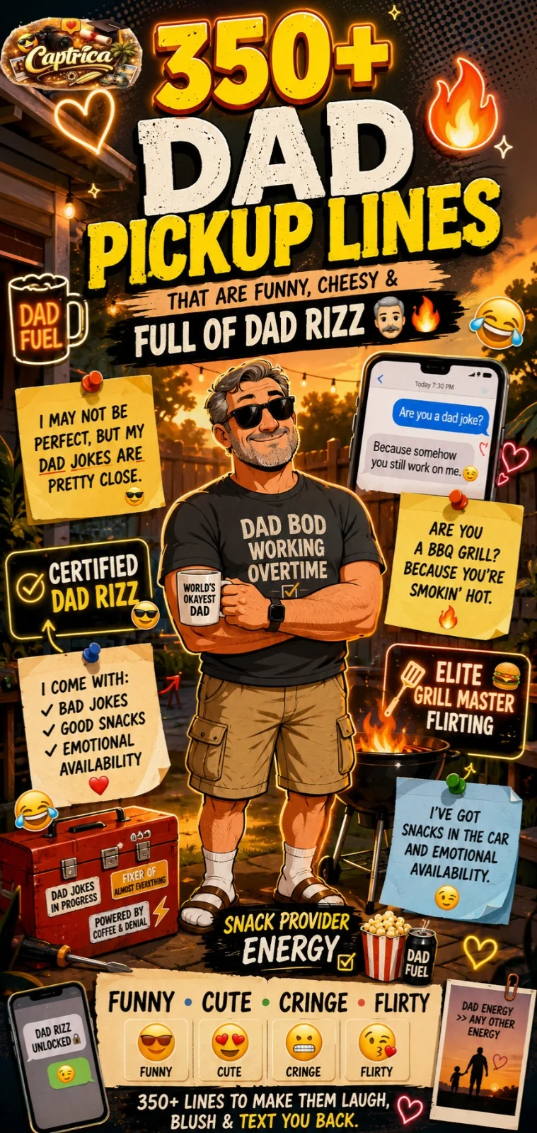Funny dad pickup lines Pinterest infographic featuring cheesy dad jokes, wholesome flirting humor, suburban dad rizz, texting jokes, and viral meme-style pickup lines.