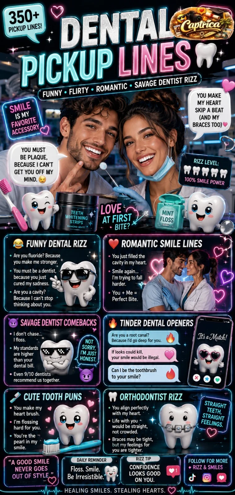 Funny dental pickup lines infographic featuring flirty dentist rizz, romantic tooth puns, savage dental jokes, braces humor, and Tinder-style dental pickup lines.
