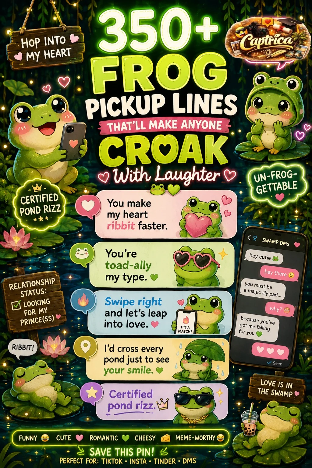Cute Pinterest-style infographic featuring funny frog pickup lines with cartoon frogs, neon green aesthetic, lily pads, TikTok-style flirting jokes, and romantic frog puns.