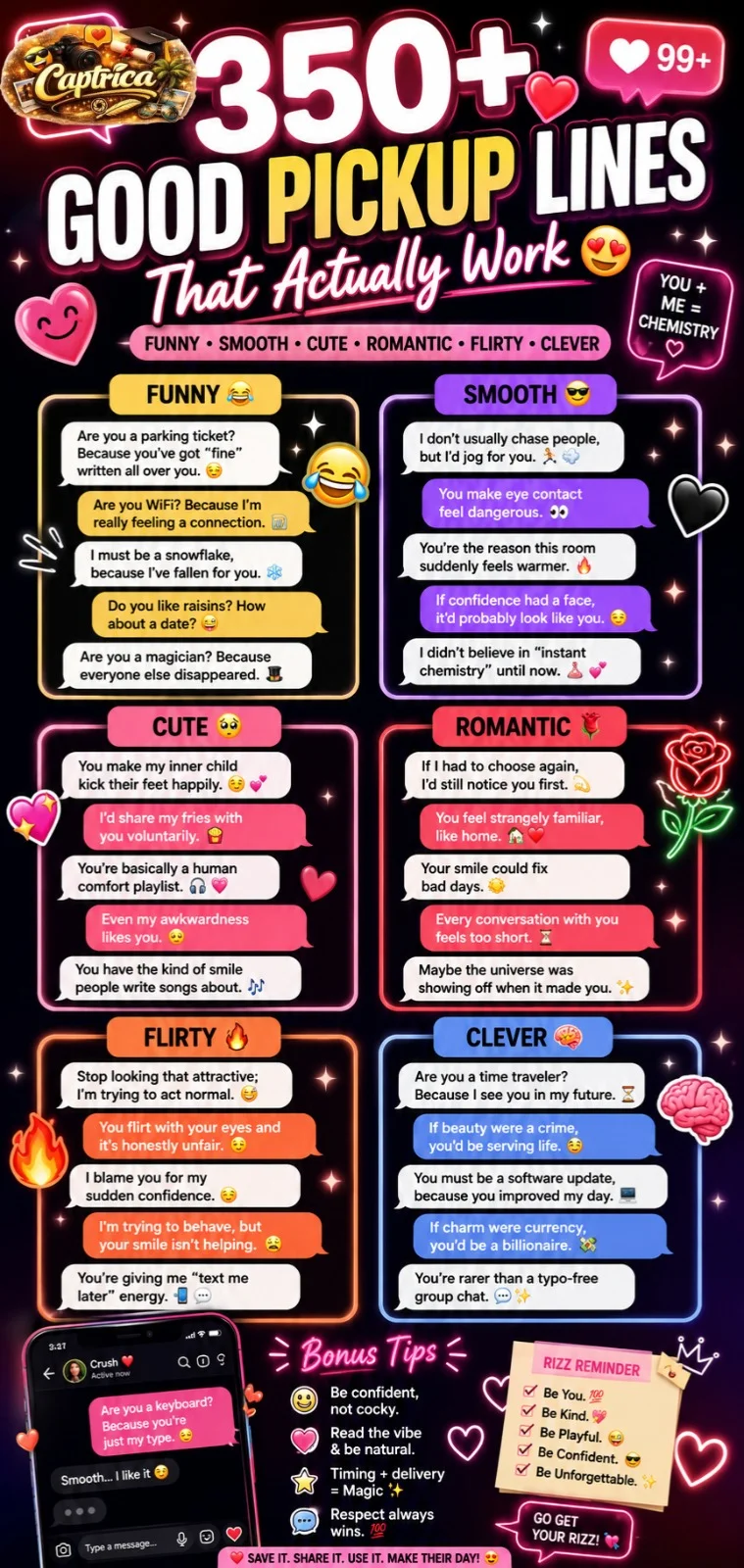 “Infographic featuring funny, smooth, cute, romantic, and flirty good pickup lines for texting, Tinder, and modern flirting.”