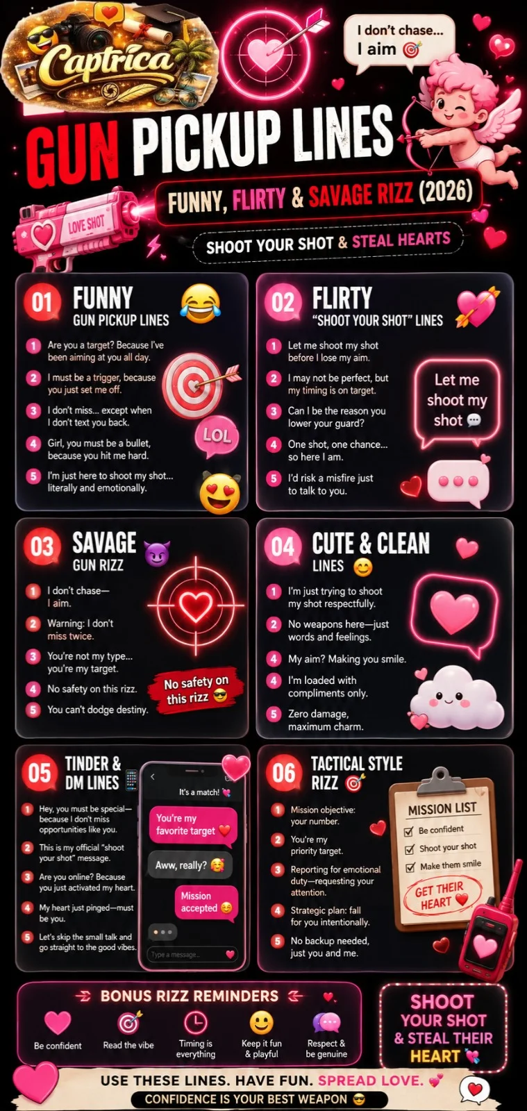 225+ funny and flirty gun pickup lines infographic featuring savage rizz quotes, dating memes, and Gen-Z style “shoot your shot” humor for social media and dating apps.