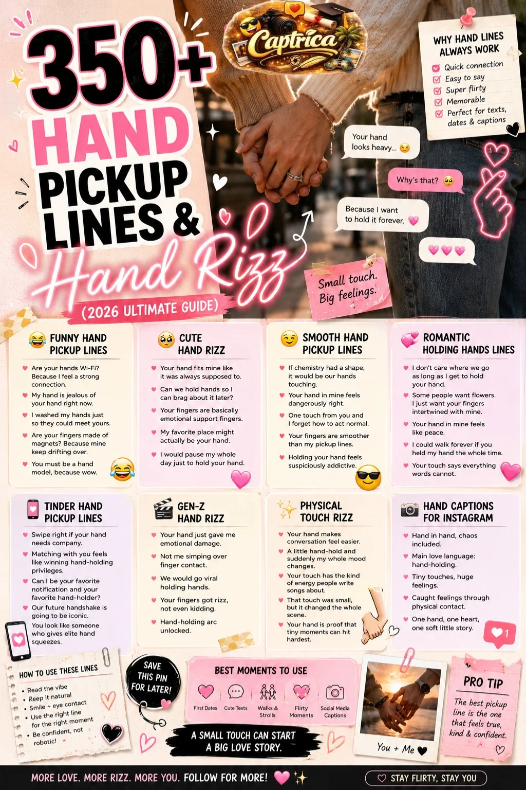 350+ Hand Pickup Lines and Hand Rizz infographic featuring cute hand-holding quotes, flirty pickup lines, romantic texting ideas, and Gen-Z dating humor in a trendy Pinterest-style design.