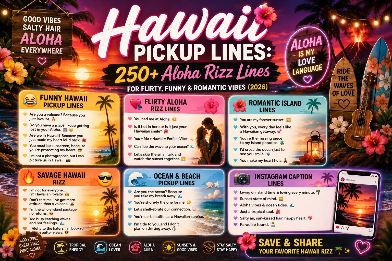 Hawaii pickup lines infographic showing funny, flirty, romantic, savage, and beach-themed aloha frizz lines with tropical island aesthetic design