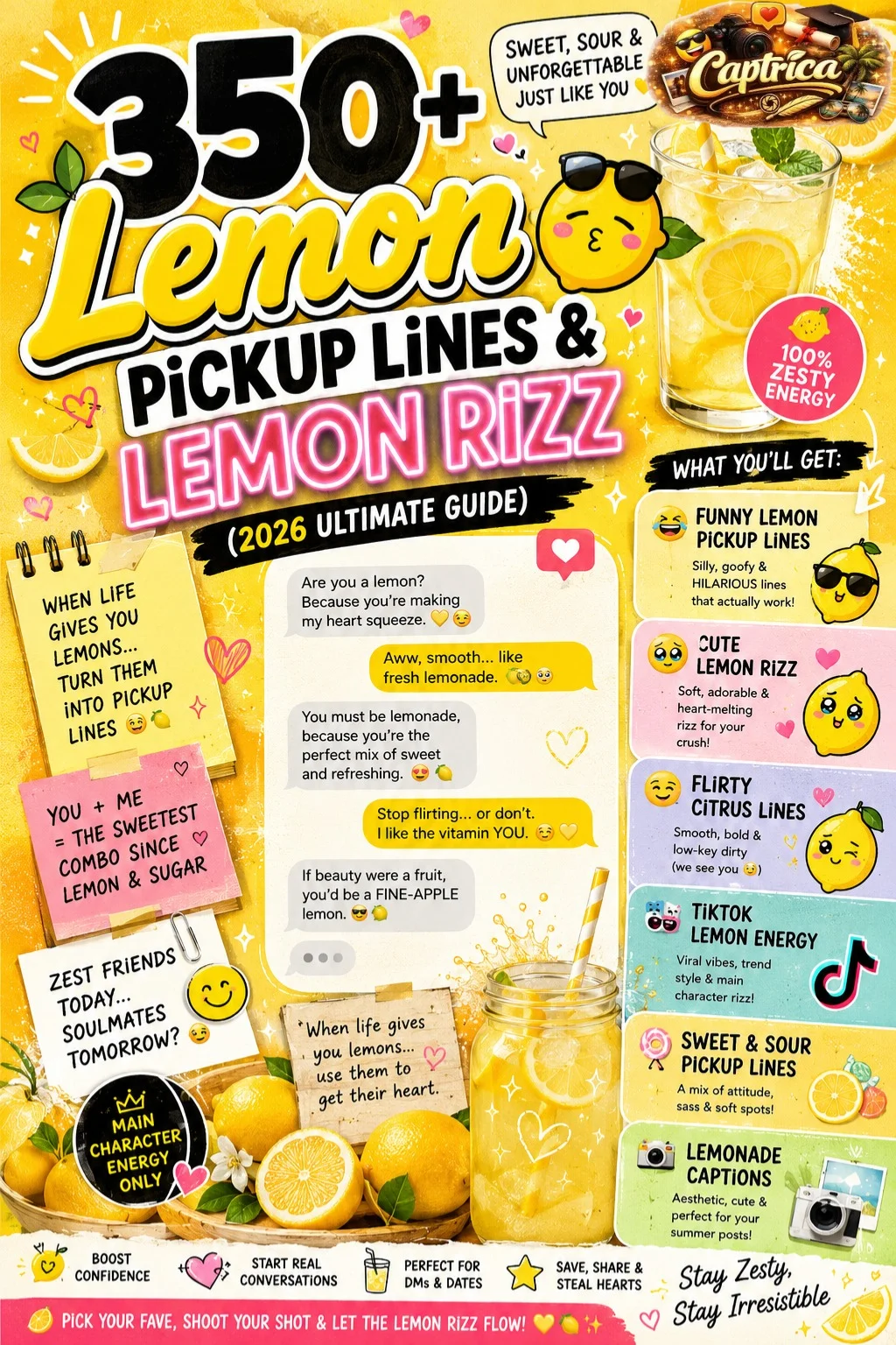 Bright yellow Pinterest-style infographic featuring 350+ lemon pickup lines and lemon rizz ideas with cute citrus-themed flirting quotes, lemonade aesthetics, and TikTok-inspired Gen-Z humor.