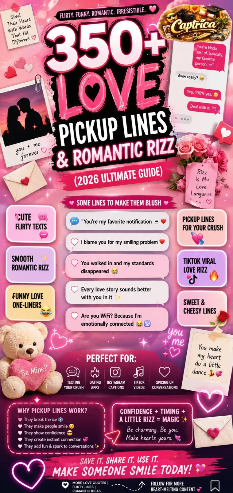 “Pinterest-style infographic featuring 350+ love pickup lines, romantic rizz, cute flirting texts, funny one-liners, and TikTok-inspired relationship humor for 2026.”