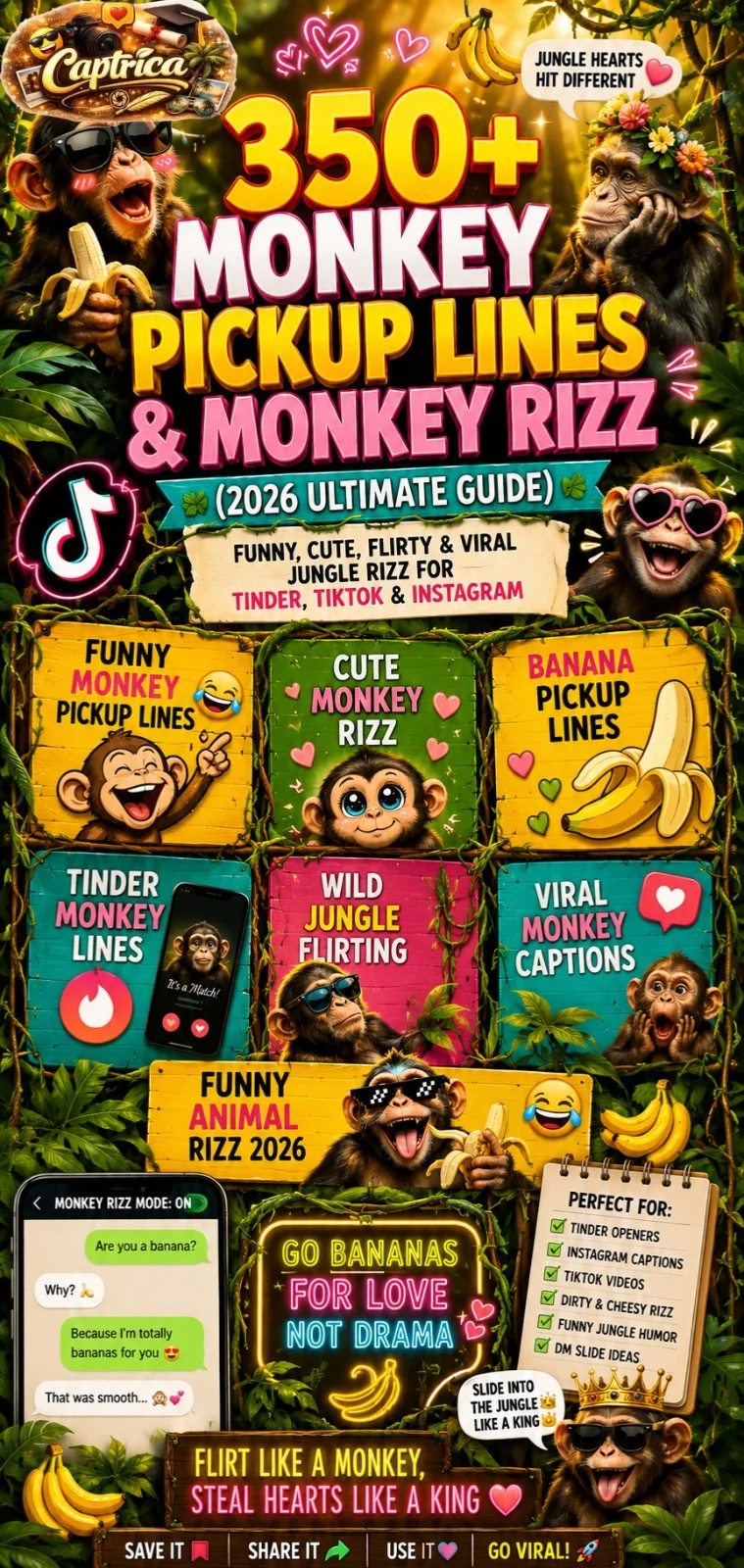 Funny monkey pickup lines infographic featuring cute monkeys, banana jokes, jungle-themed flirting quotes, and viral monkey rizz ideas for Tinder and Instagram in 2026.