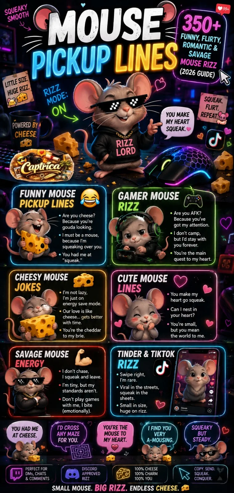 Funny mouse pickup lines infographic featuring cute cartoon mice, gamer mouse rizz, cheesy flirting jokes, TikTok-style humor, and viral Gen-Z pickup lines.