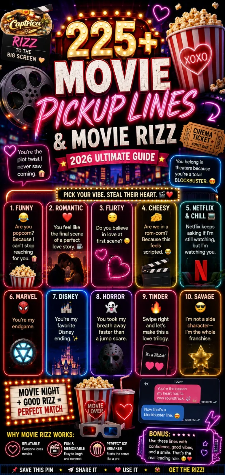 225+ movie pickup lines infographic featuring funny movie rizz, Netflix pickup lines, romantic cinema jokes, Marvel flirting lines, and Tinder-inspired movie one-liners.