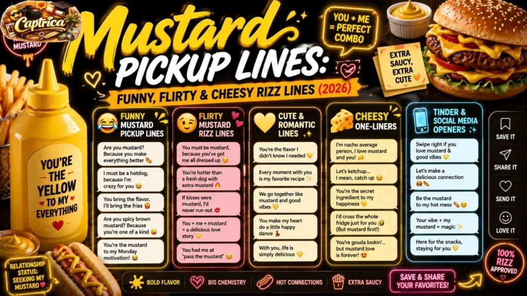 Mustard pickup lines infographic featuring funny, flirty, and cheesy rizz lines for Tinder, Instagram, and social media dating humor in 2026.