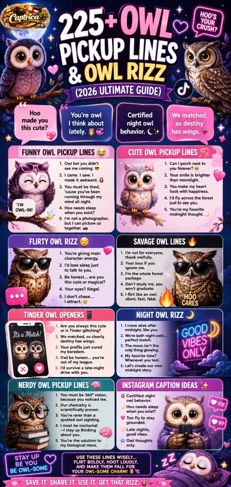 Pinterest-style infographic featuring cute owls, moonlight aesthetics, and funny owl pickup lines with flirty owl rizz quotes for Tinder, Instagram, and texting.