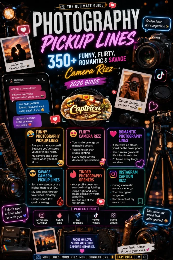 Photography pickup lines infographic featuring funny, flirty, romantic, and savage camera rizz quotes with DSLR cameras, neon lighting, and social media aesthetic design.