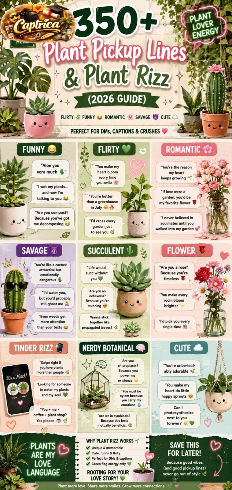 Colorful Pinterest-style infographic featuring funny, flirty, romantic, and savage plant pickup lines with succulents, flowers, cactus illustrations, aesthetic botanical decor, and Gen-Z plant rizz quotes.