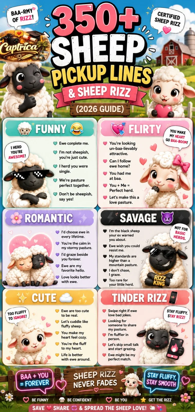 Funny sheep pickup lines infographic featuring cute sheep rizz jokes, romantic ewe pickup lines, savage farm humor, and flirty barnyard memes for Tinder and social media.